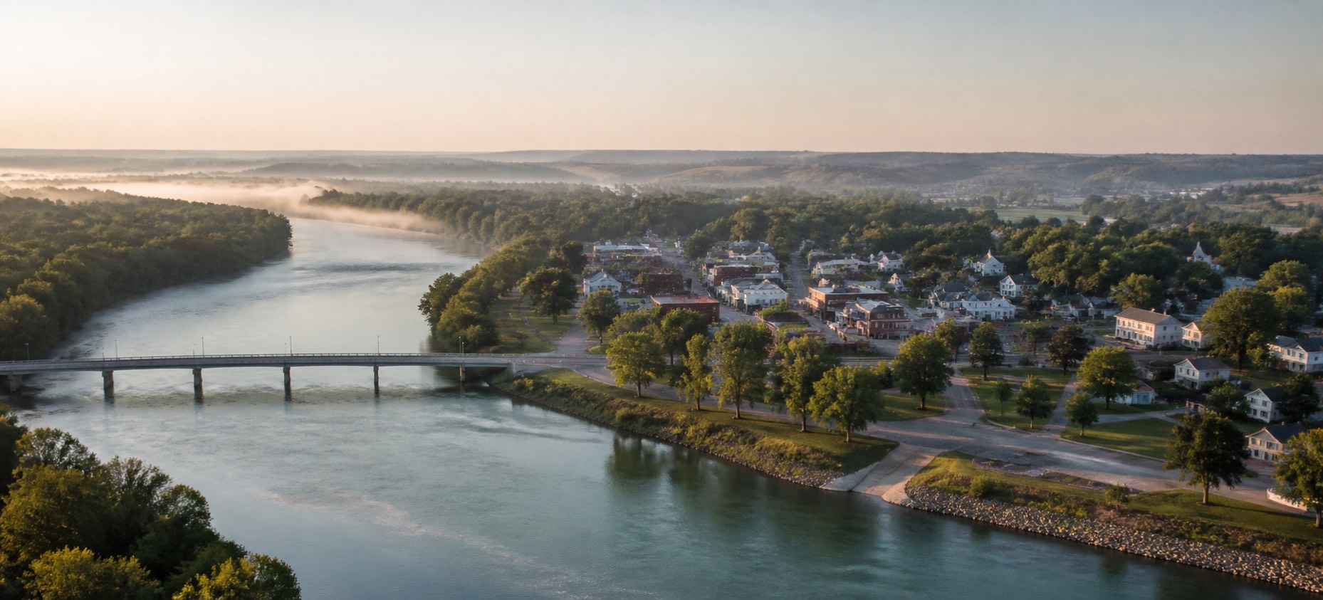 A river town at dawn, mist over the water and a bridge crossing toward the houses and shops on the bank